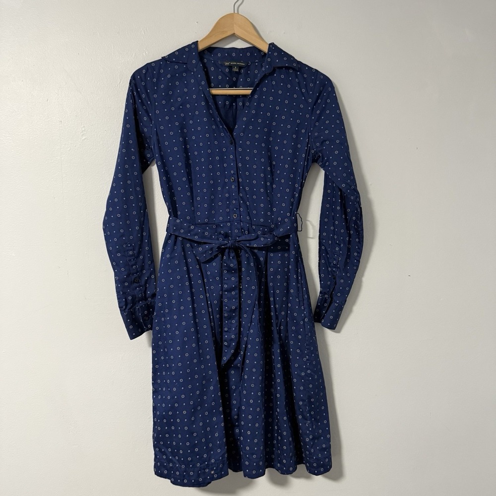 Brooks Brothers Navy Blue Long Sleeve Shirt Dress with Subtle White Dot Pattern